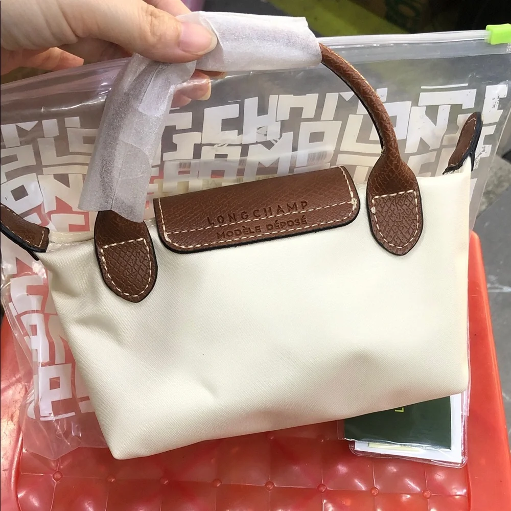 Longchamp Cream and Brown Small Top-Handle Cosmetic Pouch